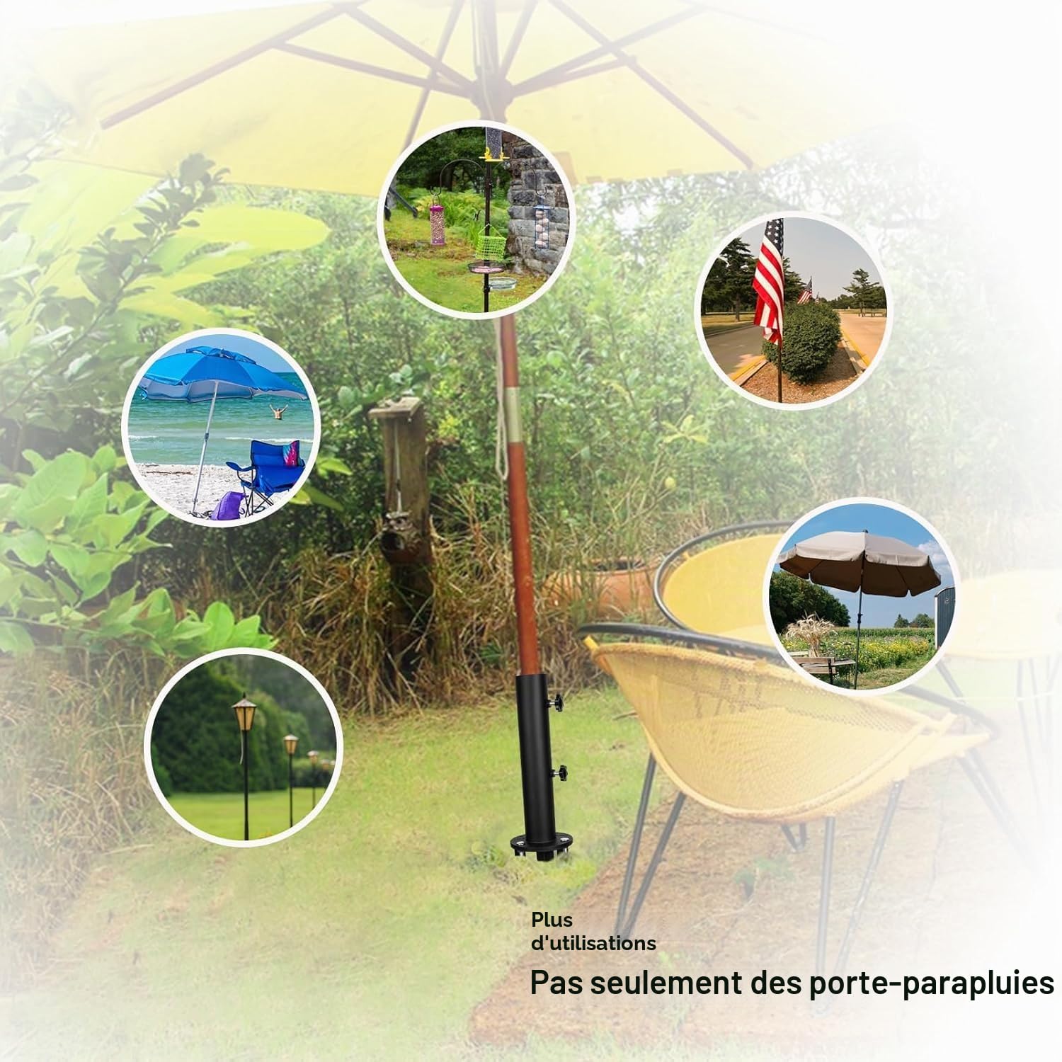Base de support de parasol enterré, piquet de sol amovible, support de parasol enterré avec 3 piquets, pièces de support de parasol pour terrasse, pelouse, plage, table