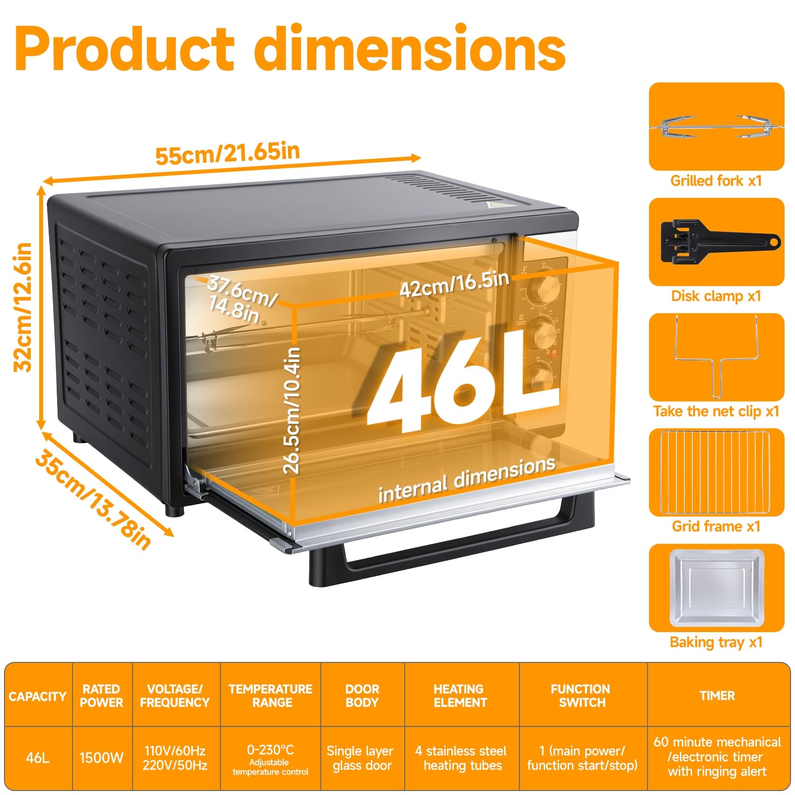 Grand four à convection de 46 litres, four de comptoir 9-en-1 avec fonctions Crispy Roast, déshydratation et rôtissoire, 6 accessoires inclus, 1 500 W, acier inoxydable UE