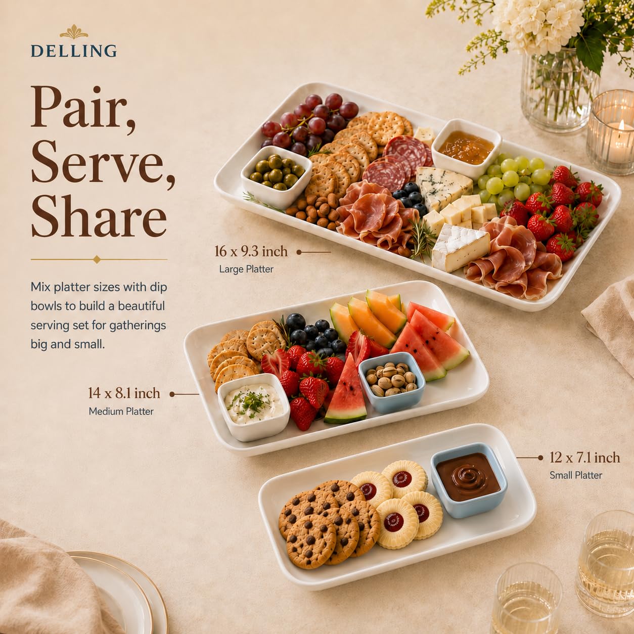 DELLING Großes Servierplatten-Set, 40,6 cm, 35,6 cm, 30,5 cm, 30,5 cm, großes Serviertablett – rechteckig, weiß, Serviertabletts für Party, Sushi, ofenfest, 3er-Set, Weiß