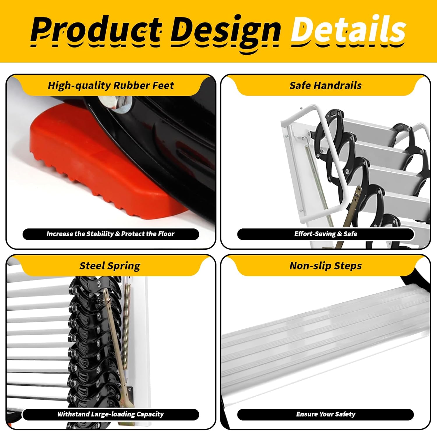 RQR 12FT Attic Ladder Pull Down System, 12-Step Al-Mg Alloy Collapsible Ladder Pull Down Attic Stairs, 882LBS Capacity Foldable Loft Stairs with Armrests Mounted Walls, Black