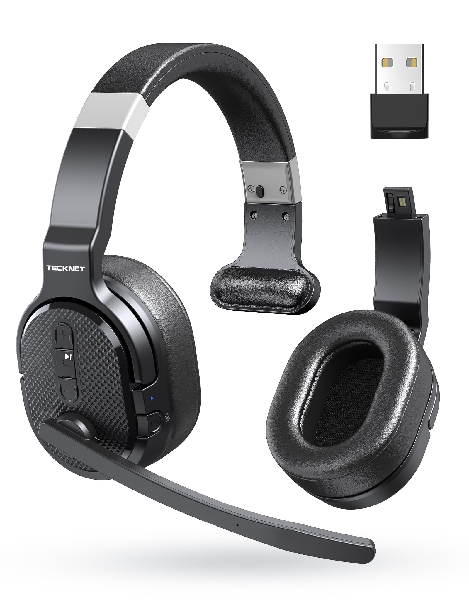 TECKNET Bluetooth Headset mit Mikrofon, Single und Dual Noise Cancelling Headset Kabellos mit USB Dongle, 3 EQ Musikmodi, Over Ear Kopfhörer Kabellos Bluetooth für Office, Home, Zoom