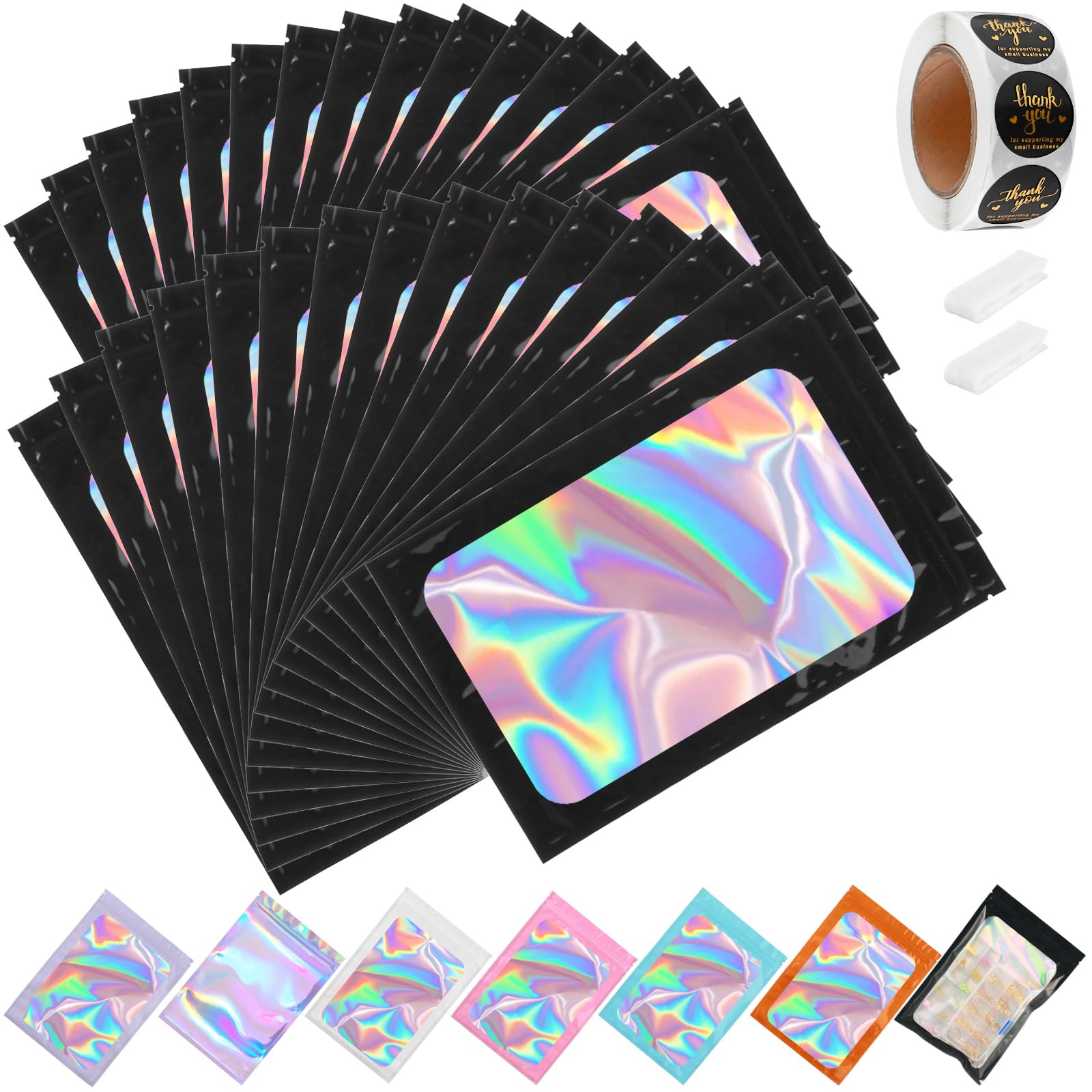 150-pack 6 x 9 in Holographic Mylar Bags with Clear Window Resealable Foil Pouches for Food Storage Smell Proof Edible Packaging Zip Bag for Cookies,