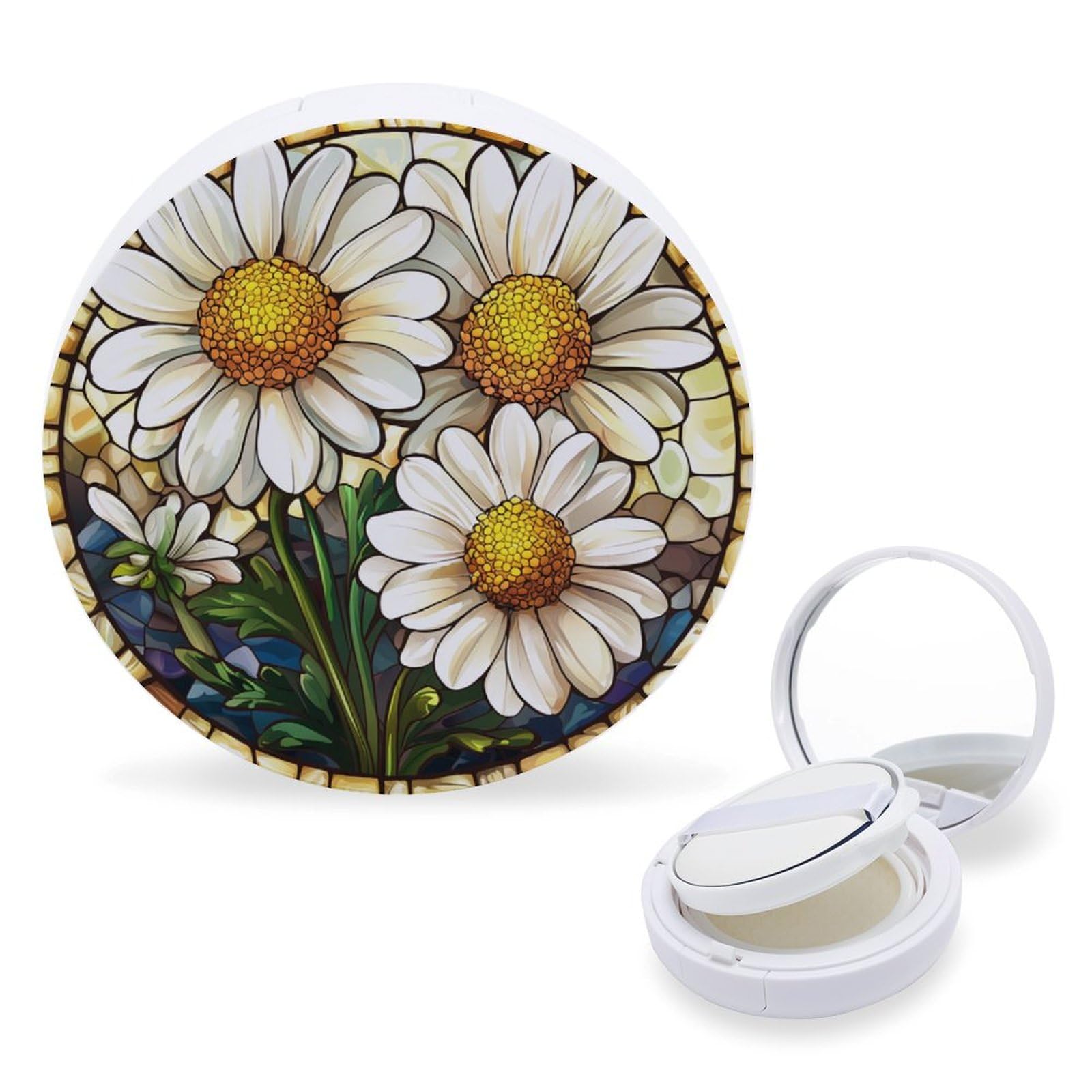 Hayyett Three Daisys Flower Stained Glass Air Cushion Puff Box Portable Cosmetic Makeup Case Container,Loose Powder Foundation Container