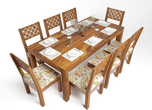 AMD ARTS Sheesham Wood CNC 8 Seater Dining Table Sets for Dinner Room | Solid Wood Dining Table with 8 Cushion Chairs | Di...