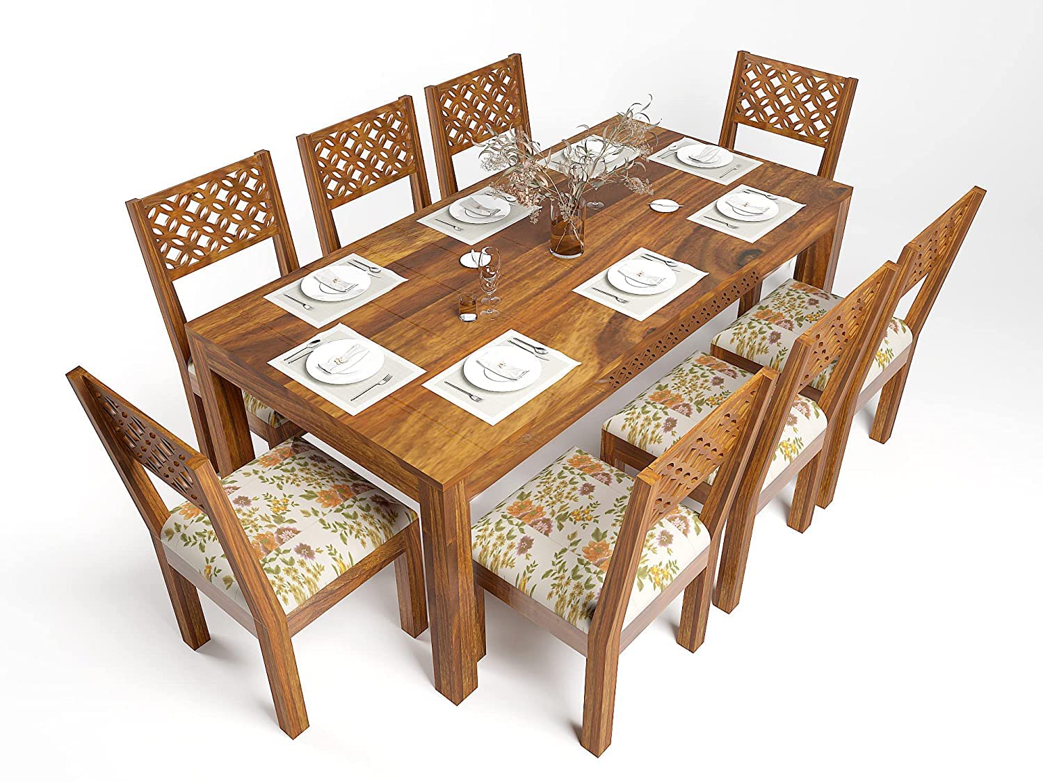 ANUBHAV HANDICRAFTS Sheesham Wood CNC 8 Seater Dining Table Sets for Dinner Room | Solid Wood Dining Table with 8 Cushion Chairs | Dining Room Sets Furniture for Hotels (Teak Finish)-image-15