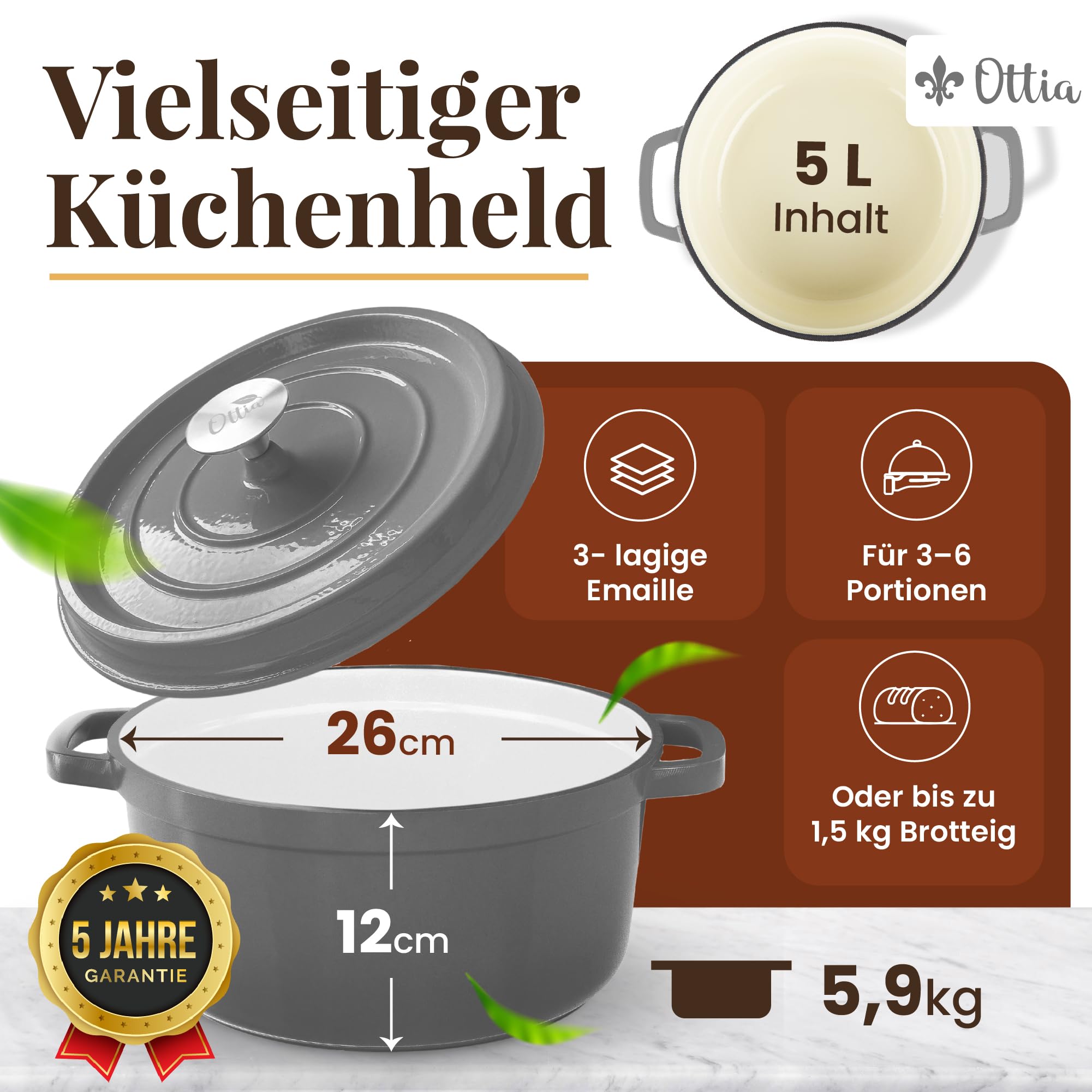 Ottia Cocotte en fonte, 26 cm, 5 litres, émail de qualité supérieure, cocotte avec couvercle, tous types de feux (y compris induction), passe au four