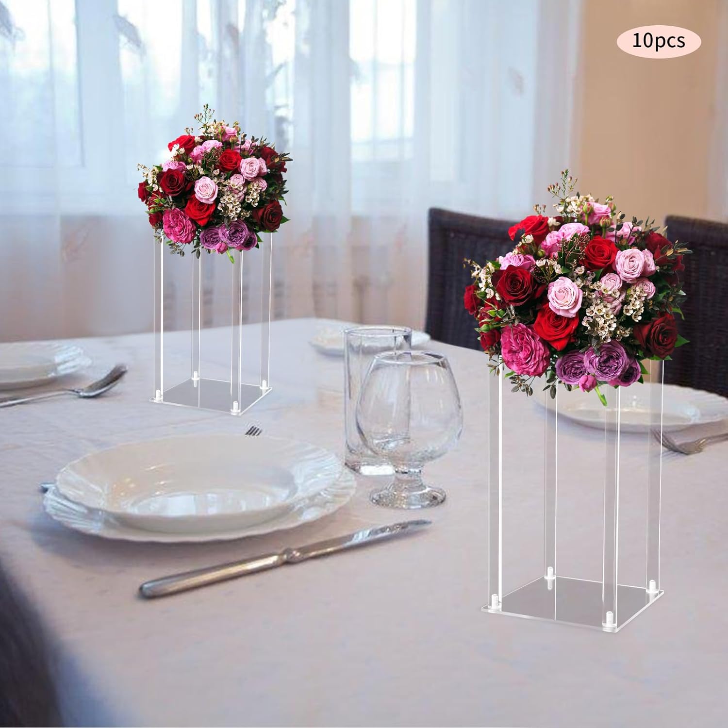 10 Pcs Clear Acrylic Flower Stands, 8 x 8 x 16in Tall Vases for Centerpieces, Reusable Event Display Stands for Wedding, Parties, Events, Bridal Showers and Decorations