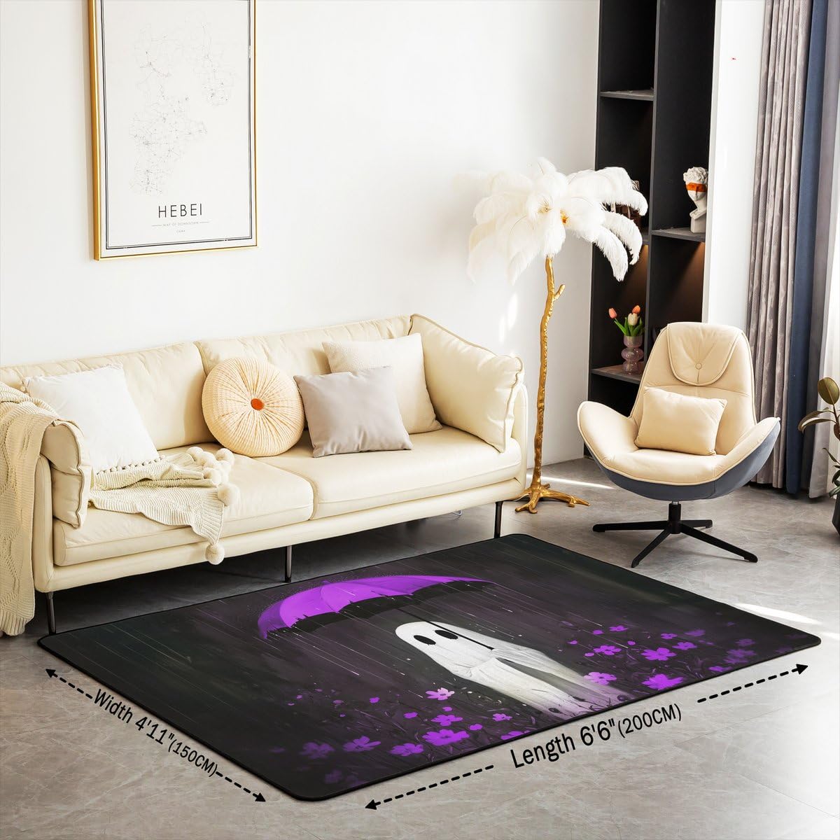 Gotycki dywan 100 x 150 cm, dywan na Halloween, duch, do salonu, fioletowy, parasol, zmywalny, boho, kwiaty, dżungla, kwiaty, dywan, mata podłogowa, dekoracje na Halloween