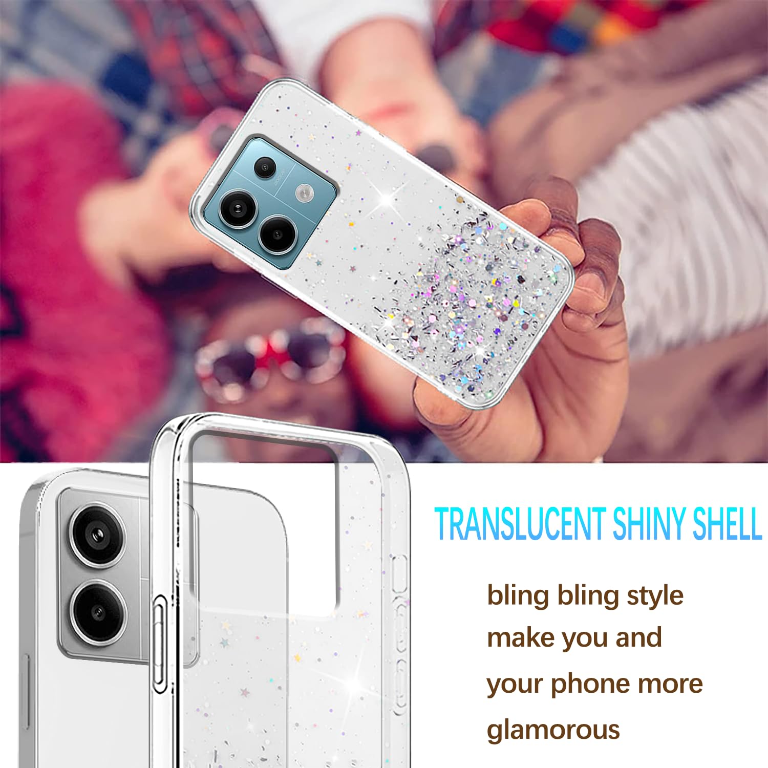 Cover Glitter Per Xiaomi Redmi Note 13 5G – Custodia Trasparente TPU Con Protezione Fotocamera, Anti-ingiallimento