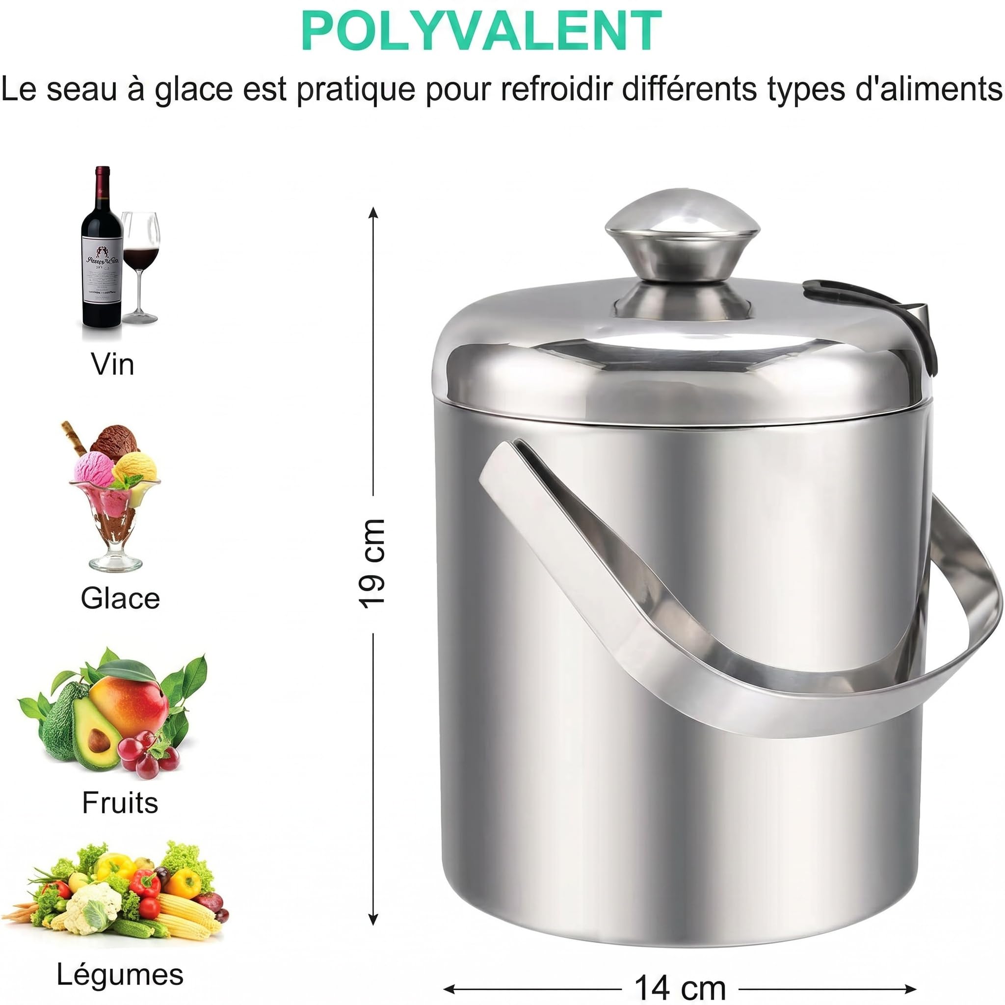 Sailnovo Mini seau à glace 1,2 L – Compact, en acier inoxydable double paroi de qualité supérieure, avec couvercle et pince à glace – Idéal pour cocktails, bar personnel et petites réceptions – Argent