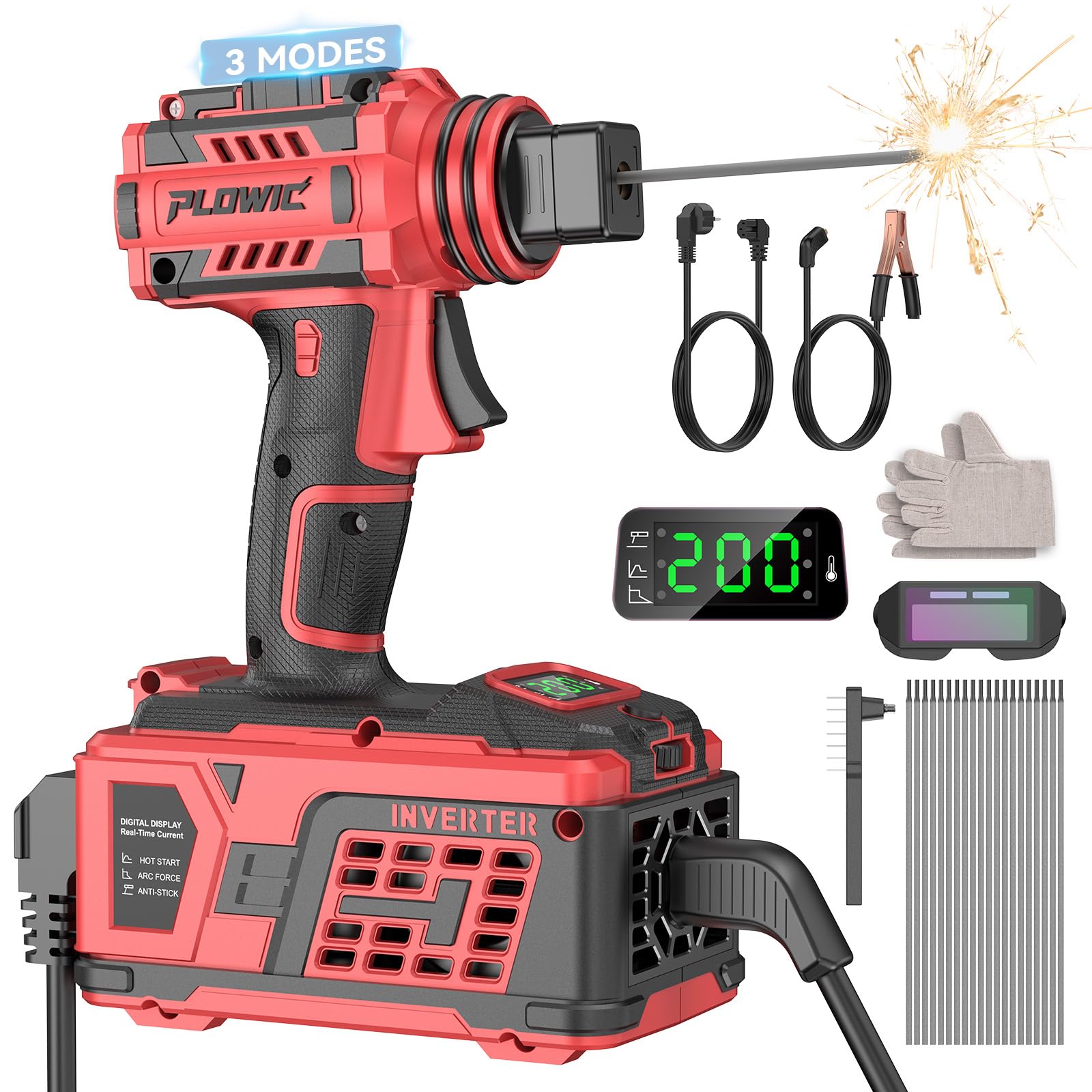 Photo 1 of PLOWIC Portable Welding Machine:?2026 Upgraded?110V Handheld Welder with Balanced Design, LCD Display & 3 Modes (MMA/Hot Start/Arc Force), 200A IGBT Inverter ARC Welder Gun Fits 1/16"-1/8" Rods, Red