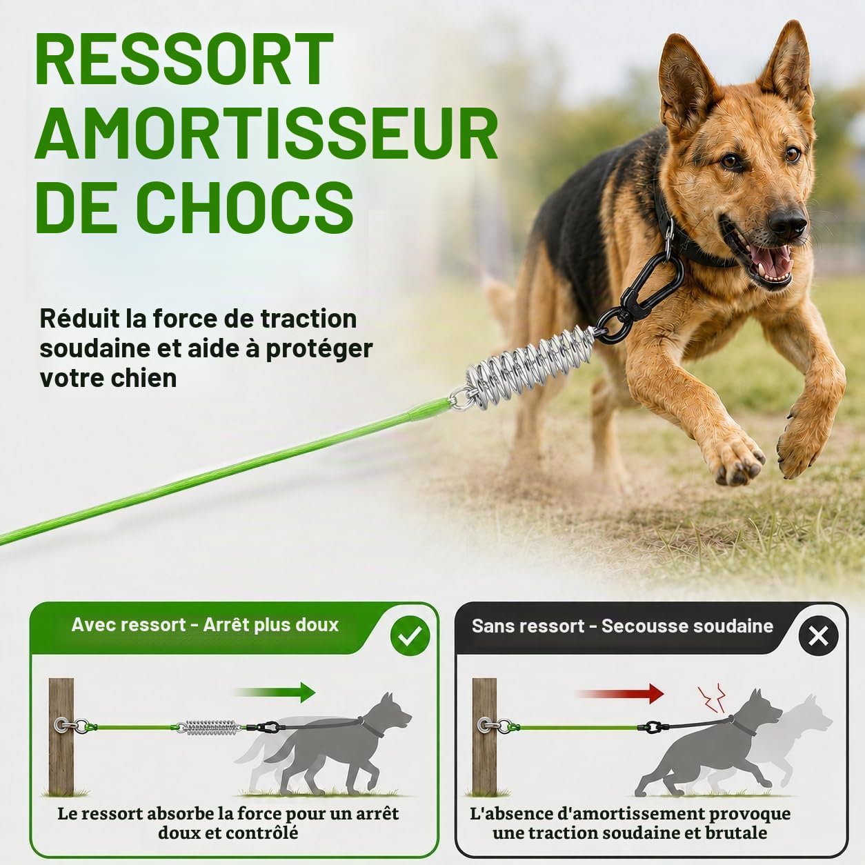Câble d'attache robuste de 18,3 m - Système de chariot pour chiens de taille moyenne et camping - Grand câble de course pour chiens pesant jusqu'à 113,4 kg