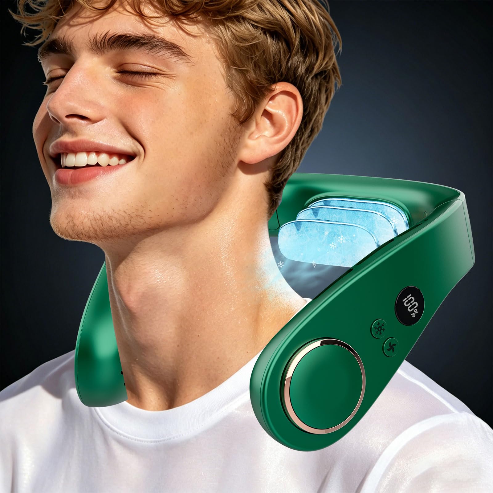 Ventilatore da collo con piastra di raffreddamento, 24 ore, silenzioso, potente, ventole che soffiano aria fredda, 5 velocità e potenza, display a LED USB, 5500 mAh, senza lama, indossabile, per