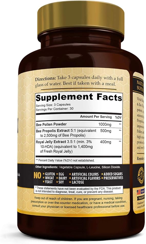 Immune Boosting Royal Jelly, Bee Pollen & Bee Propolis Supplement, 90 Caps | High Potency, Concentrated Apitherapy Formula for Women & Men | Gluten Free, Non-GMO and All Natural Superfood