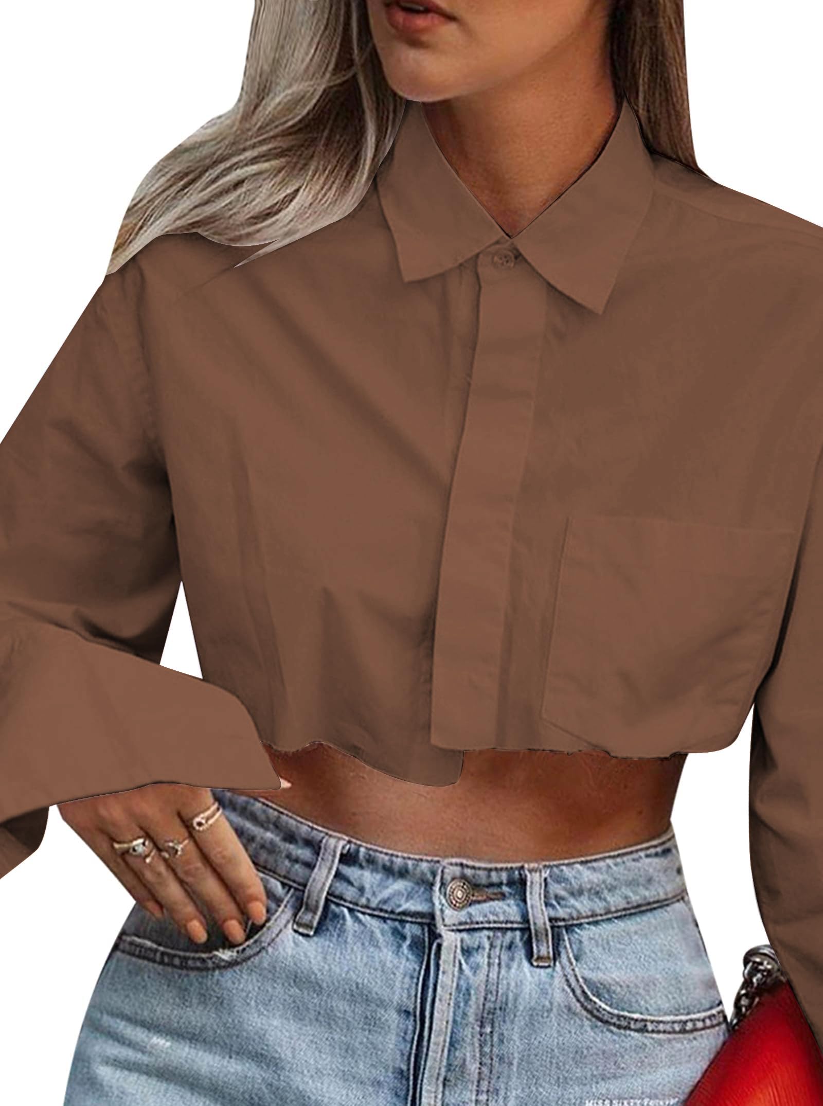 Wcuvbv Women Cropped Button Down Shirt Asymmetric Hem Long Sleeve Collared Blouse Top