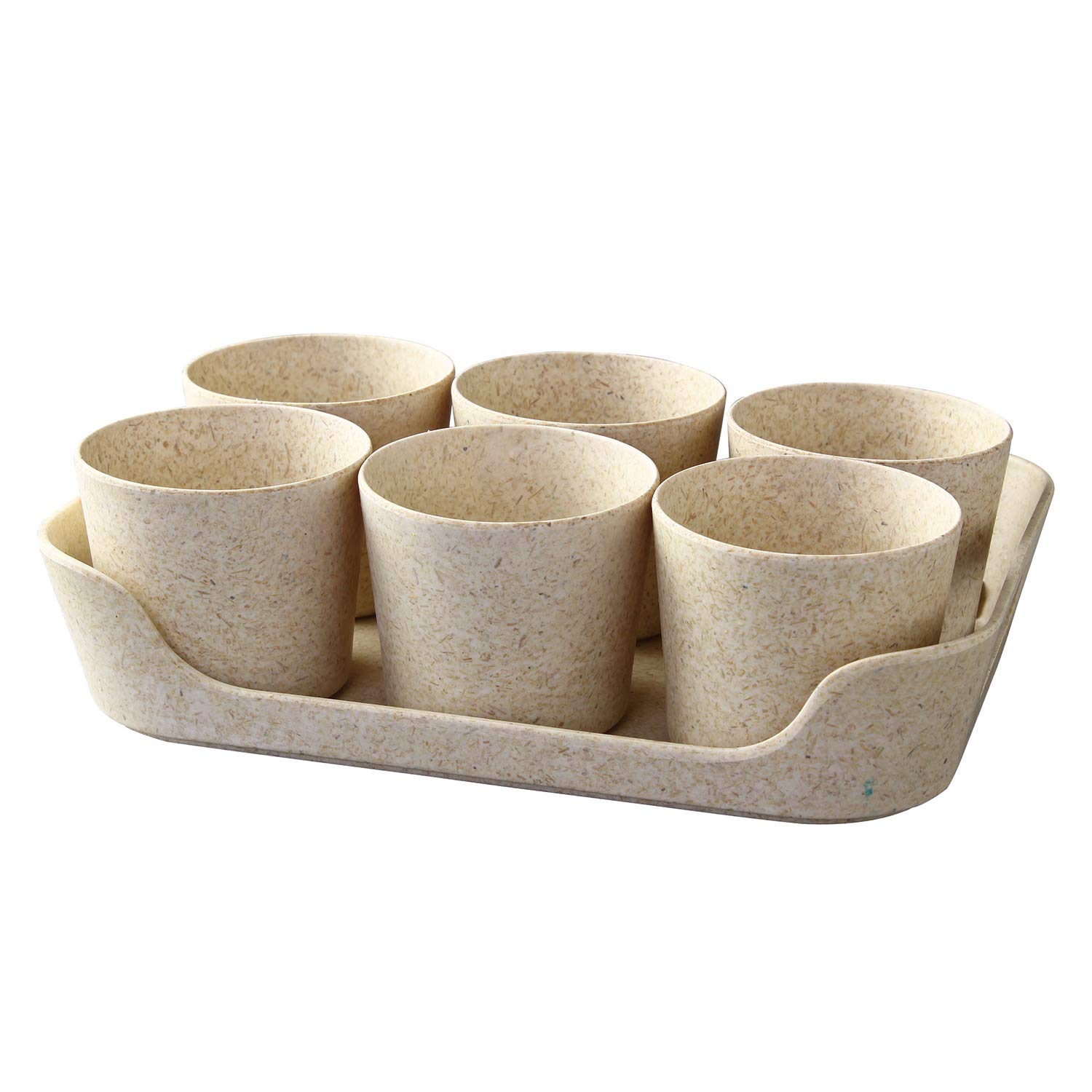 Time Concept Simple Eco Planter Herb Pot Set with Tray - Sand Beige, Set of 6 - Vegetable Garden Planter, Indoor & Outdoor Home Decor
