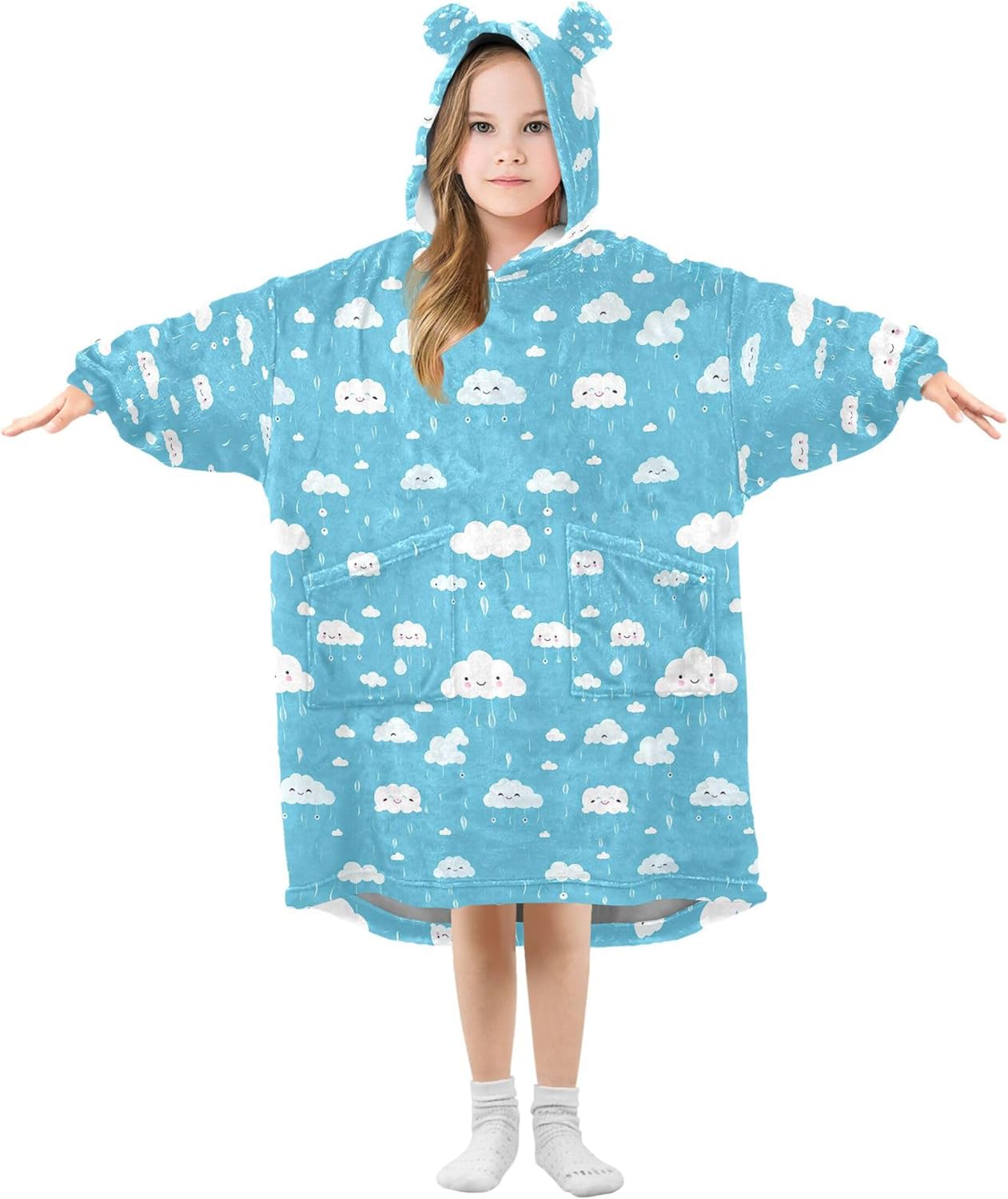 Clouds Blue Kids Wearable Blanket Hoodie with Pocket and Sleeves for Toddlers, Cute Hoodies Girls Boys B0403774