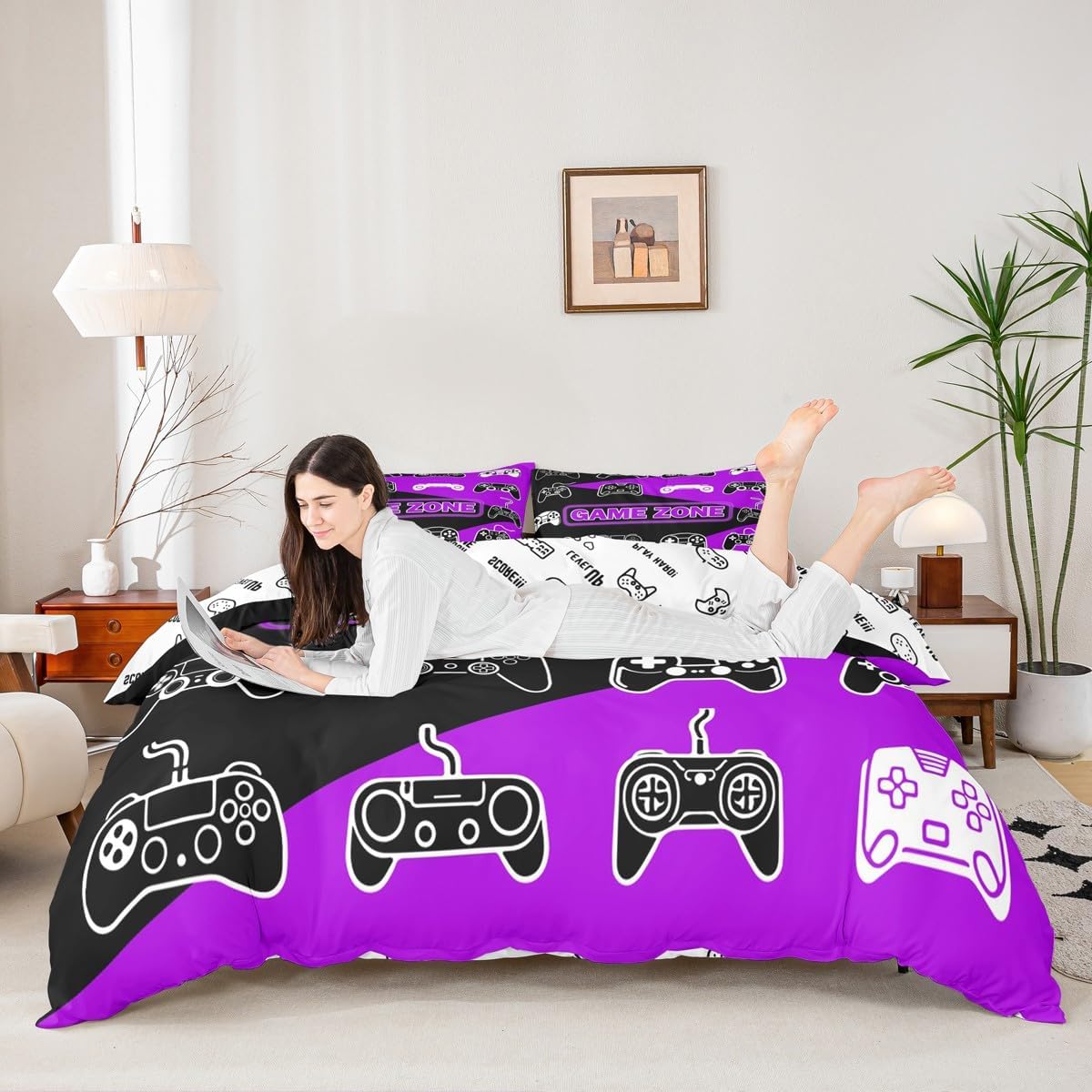 Manfei Gamepad Controller Kids Duvet Cover Set King Size,Video Game Console Gaming Gamer Bedding Set,Girls Boys Room Decor,Modern Fashion Purple Black Unique Quilt Cover,2 Pillowcases(No Comforter) image 2