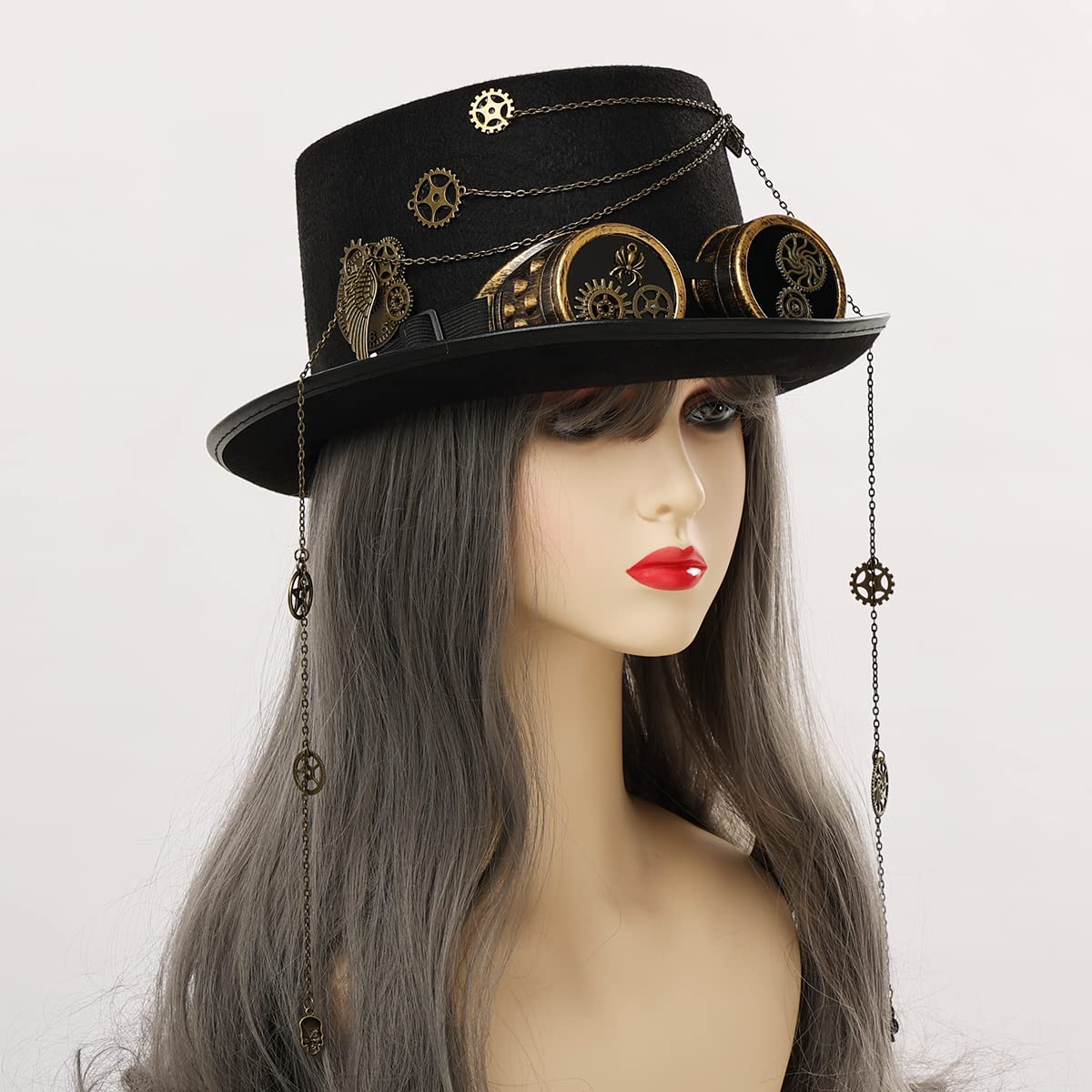 BPURB Unisex Gothic Steampunk Top Hats with Goggles Halloween Cosplay Costumes for Party (58cm/22.8 Inches, Black) - Image 4