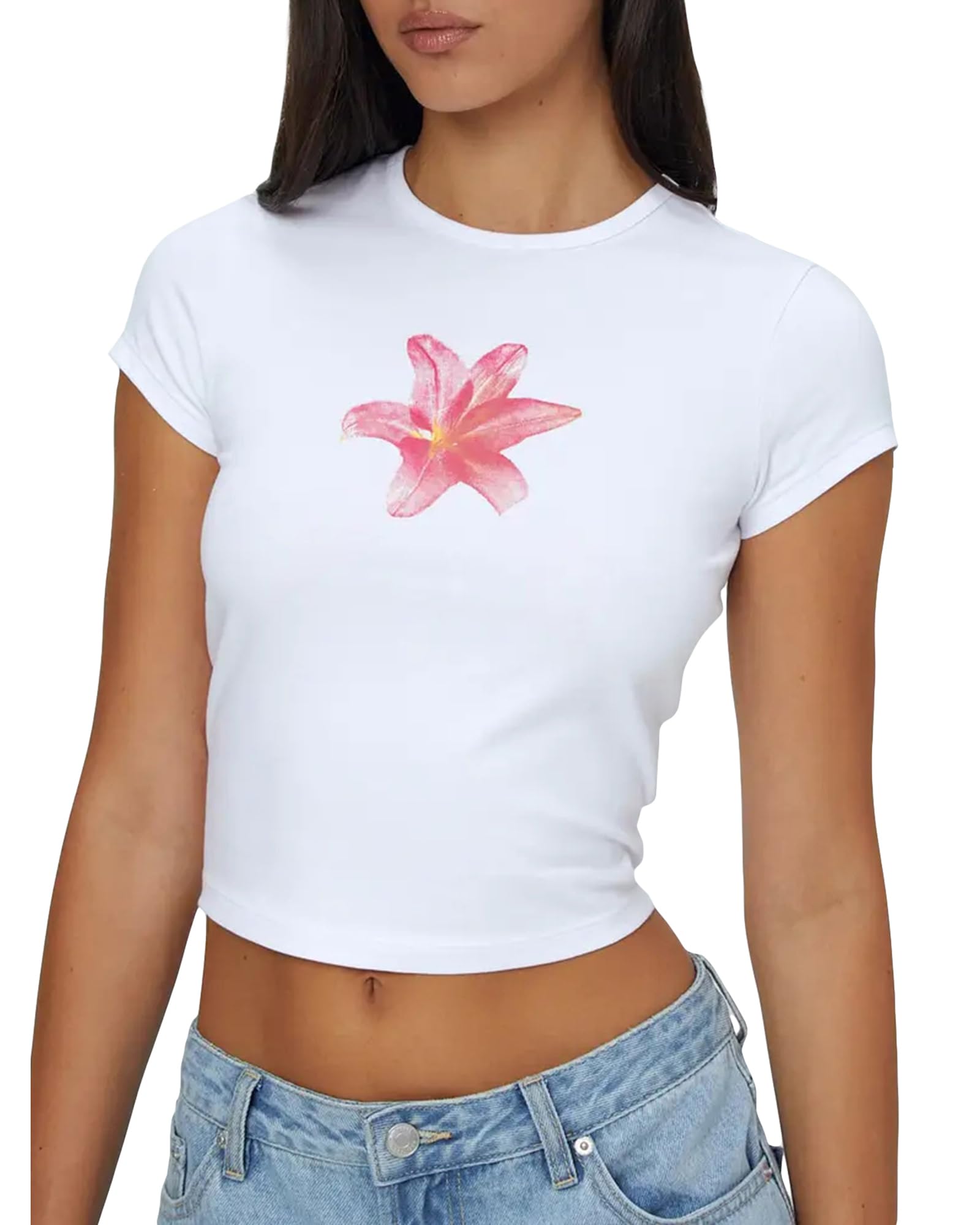Women's Y2K Baby Tees Casual Slim Fit Bow Fruit Graphic Print Crop Tops Summer Round Neck Cap Sleeve Going Out Tops (A-Mixed Color, L)