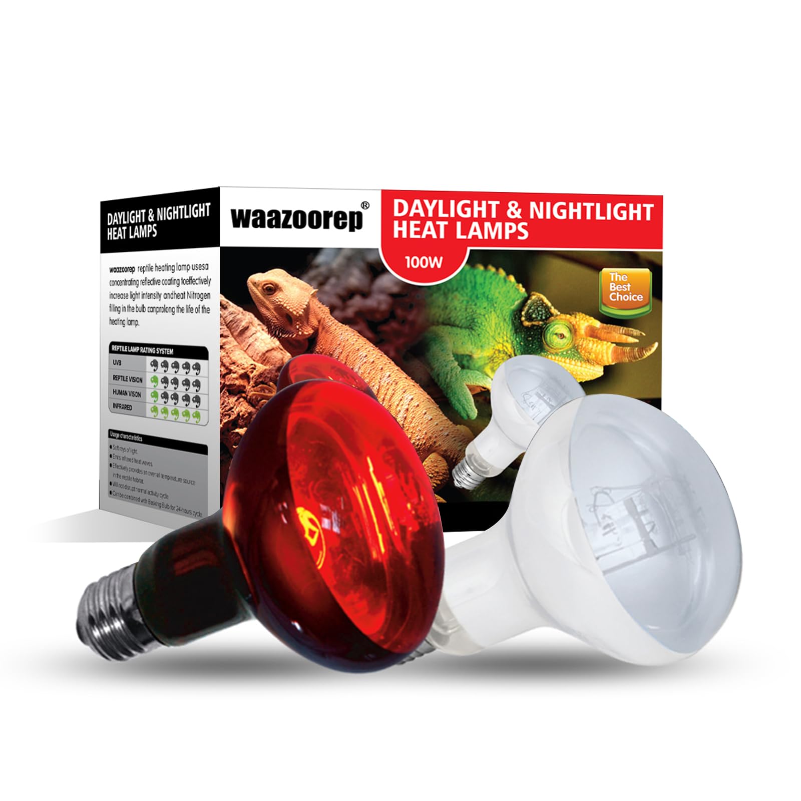 waazoorep Reptile Heat Lamp Bulbs 100W 2 Pack,Day and Night Infrared Basking Spot Heating Light Combo,UVA Heat Lamp Bulb for Reptile and Amphibians,