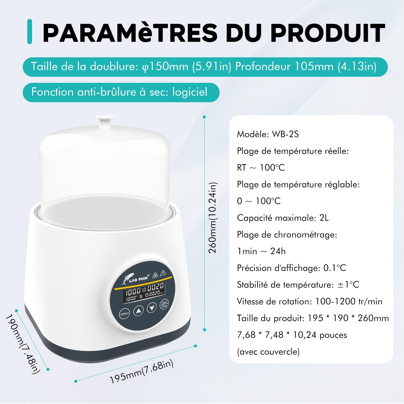 LAB FISH Bain-Marie Laboratoire 2L, Chauffage Précision 100°C, Cuve Inox avec Minuterie & Double Protection Sécheresse, Couvercle Transparent
