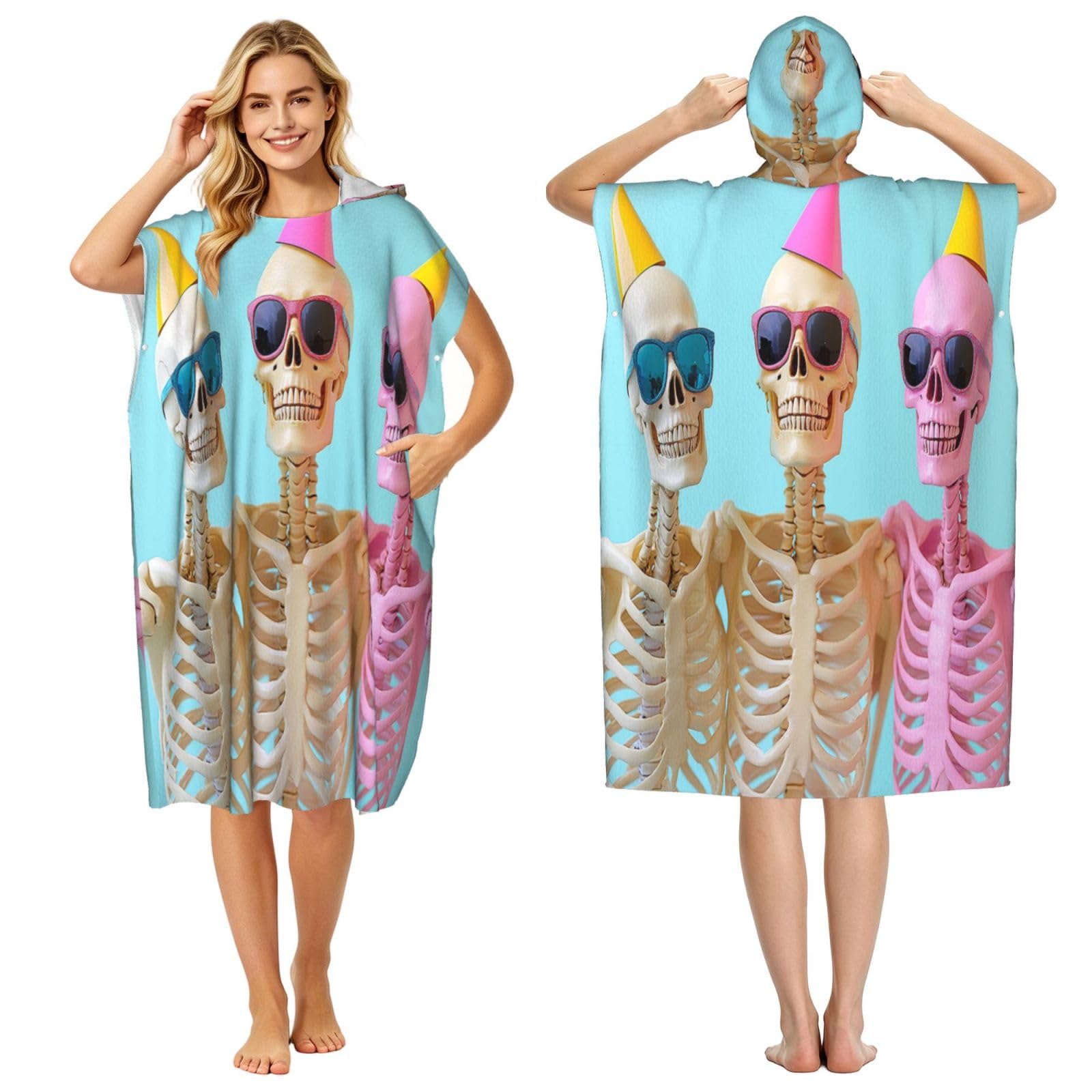 KLGRTJHK The Happiness Of Skeleton Adult Hooded Beach Poncho Towel 43"X35"