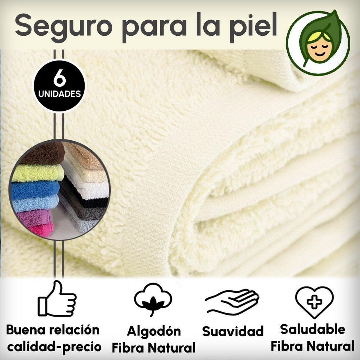 Juego de 6 Toallas de Ducha Grandes Crema 100% algodón Rizo 150x100 cm | Tejido suave de gran gramaje con alta absorción. Aptas para lavadora, de uso diario.