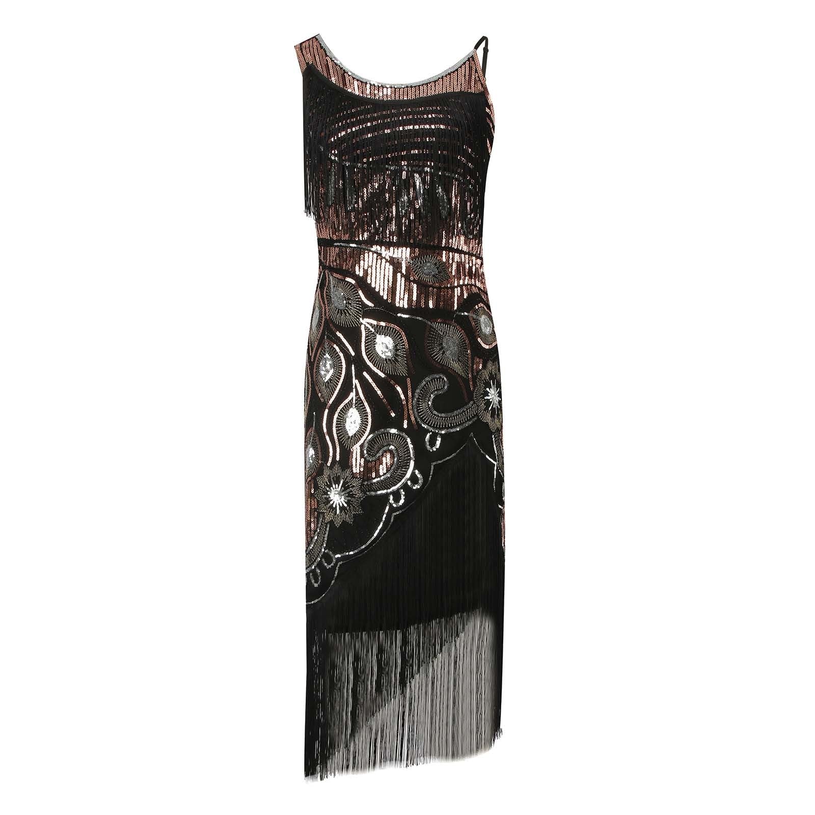 Generisch Robe rétro des années 1920 pour femme - Avec deux couches de pompons - Robe de soirée Charleston avec paillettes et col en V - Robe de soirée à thème des années 20