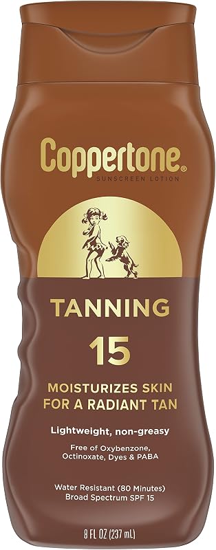 Loción protectora solar bronceadora Coppertone SPF 8, 8 FL OZ | Loción bronceadora de amplio espectro SPF 8 con vitamina E, resistente al agua, PABA, oxibenzona, octinoxato y sin colorantes
