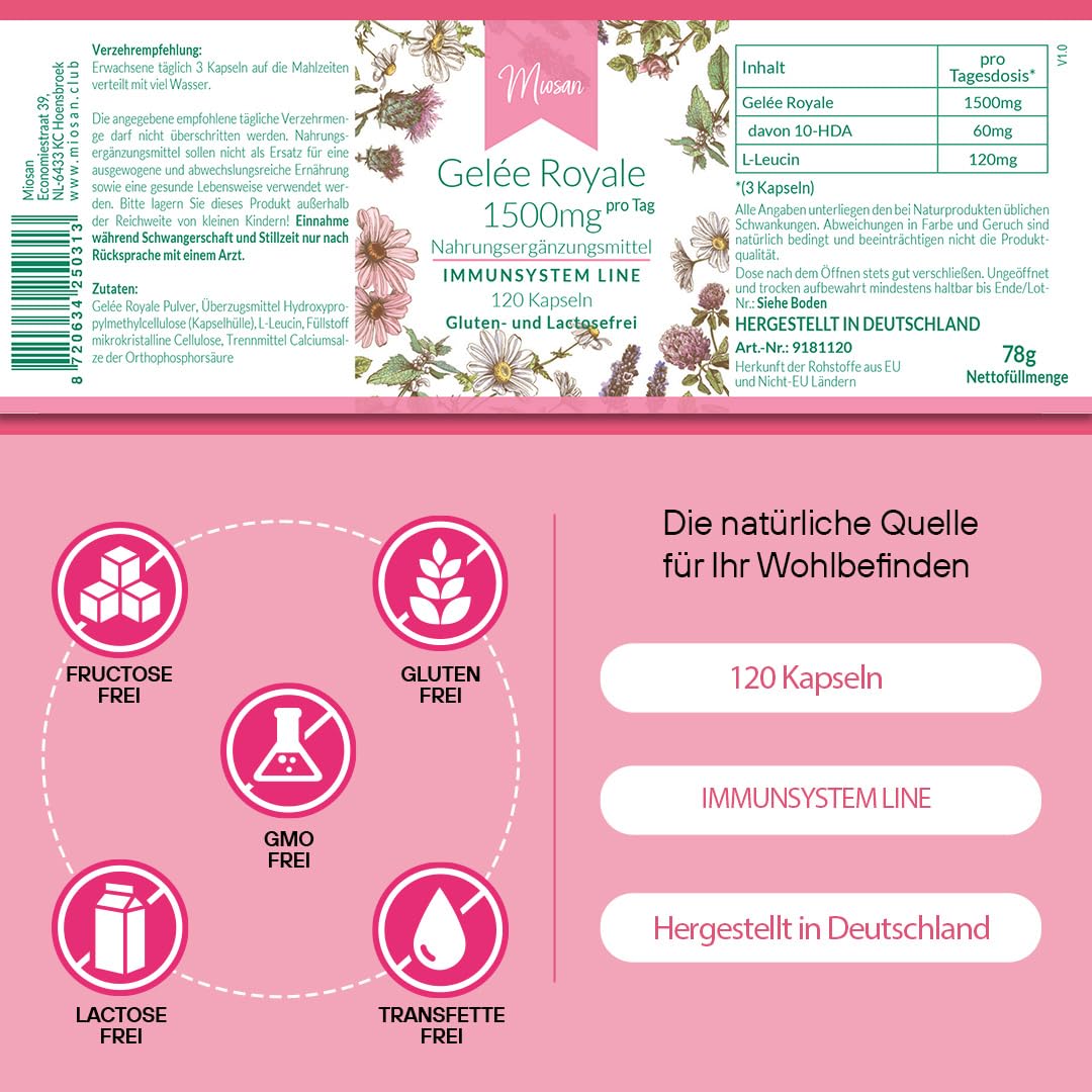 Gelée Royale 1500mg - IMMUNSYSTEM LINE - mit 1500mg davon 60mg 10-HDA - 120 Kapseln - Hochdosiert - 100% Vegan – Herstellung & Laborprüfung in Deutschland | MIOSAN® CLUB - Exklusives Wohlbefinden