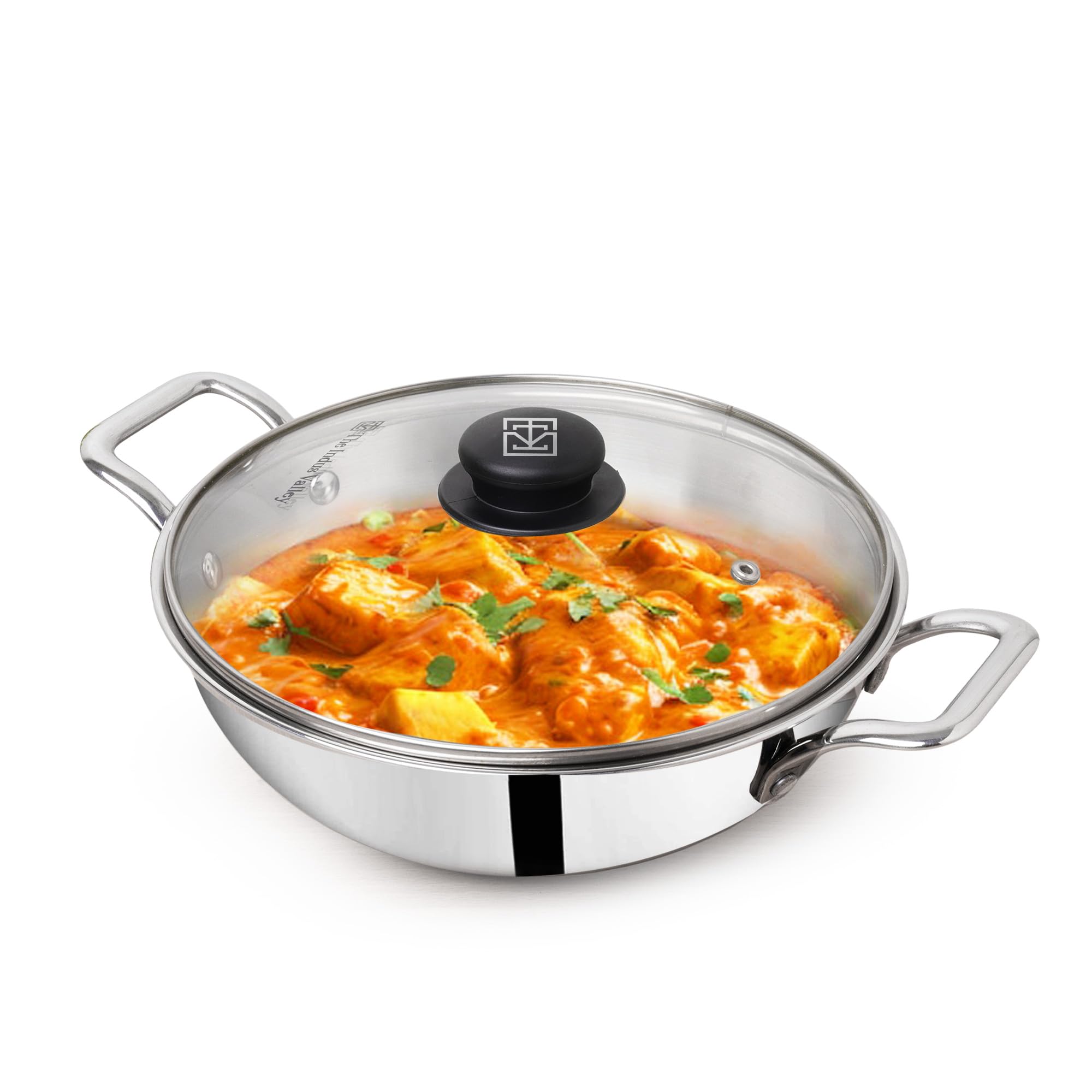 The Indus Valley Triply Stainless Steel Kadai With Glass Lid|Medium 23.4Cm/9.2 Inch,2.7 Liters,1.2Kg|Induction Friendly|Nonstick 3-Layer Body,100% Pure&Toxin-Free,No Chemical Coating