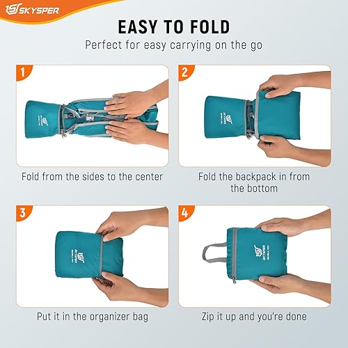 Vista 5 de SKYSPER Mochila de senderismo pequeña plegable de 10 litros, plegable, ligera, para senderismo, viaje, para mujeres y hombres Cian