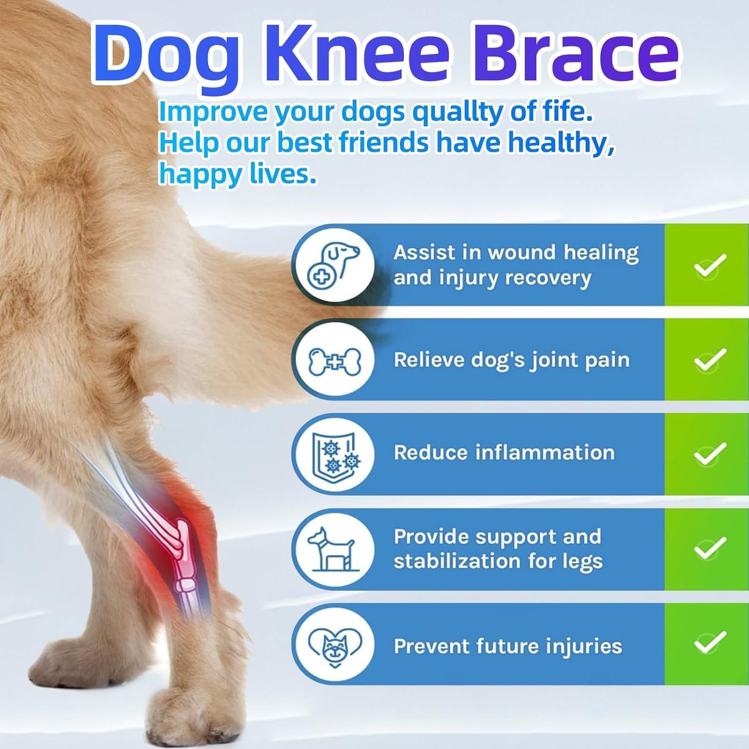 Dog Knee Brace for Torn Acl and Ccl Injuries, Adjustable Dog Acl Brace Hind Leg Support with Metal Stabilizers, Knee Brace for Dogs Back Leg Helps with Joint Pain, Surgery Recovery (M)