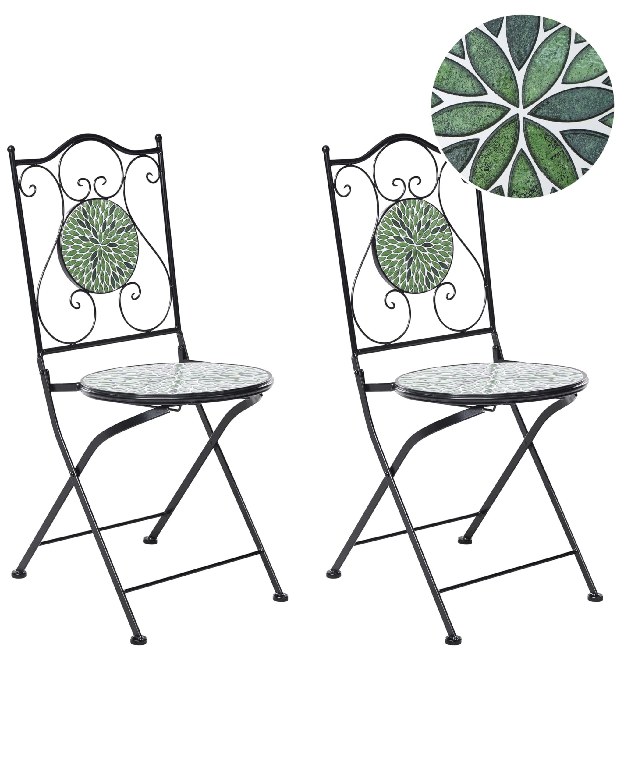 Beliani Set da giardino in metallo 2 sedie in stile ferro battuto pieghevoli con piastrelle in mosaico ceramica nero