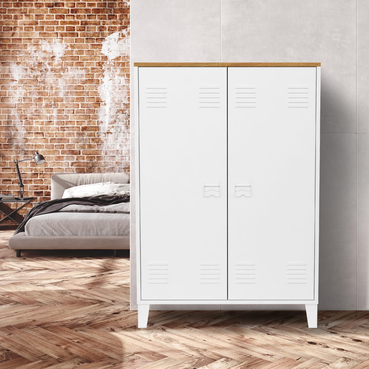 IDMarket - Armoire Basse Ester 2 Portes métal Blanc et Plateau Bois Design Industriel