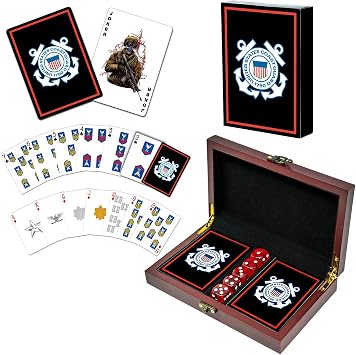 Military Gift Shop USCG Playing Cards with Dice Wooden Keepsake Box Adorned with Metal USCG Medallion.- Coast Guard Card Set