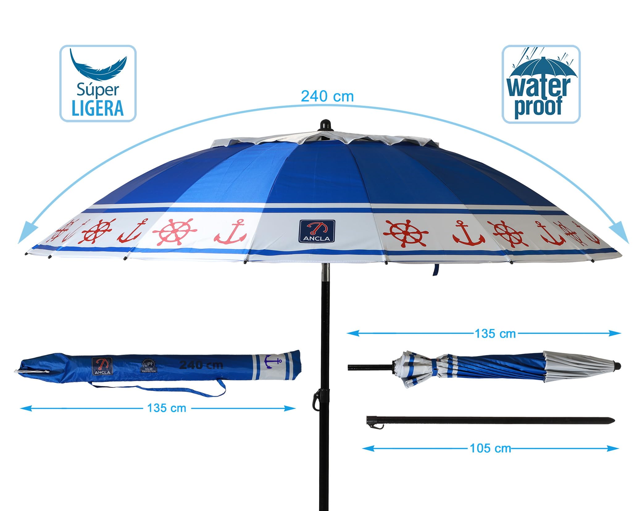 ATOSA atosa sombrilla de playa de aluminio modelo anclas y timón con upf 50+ azul