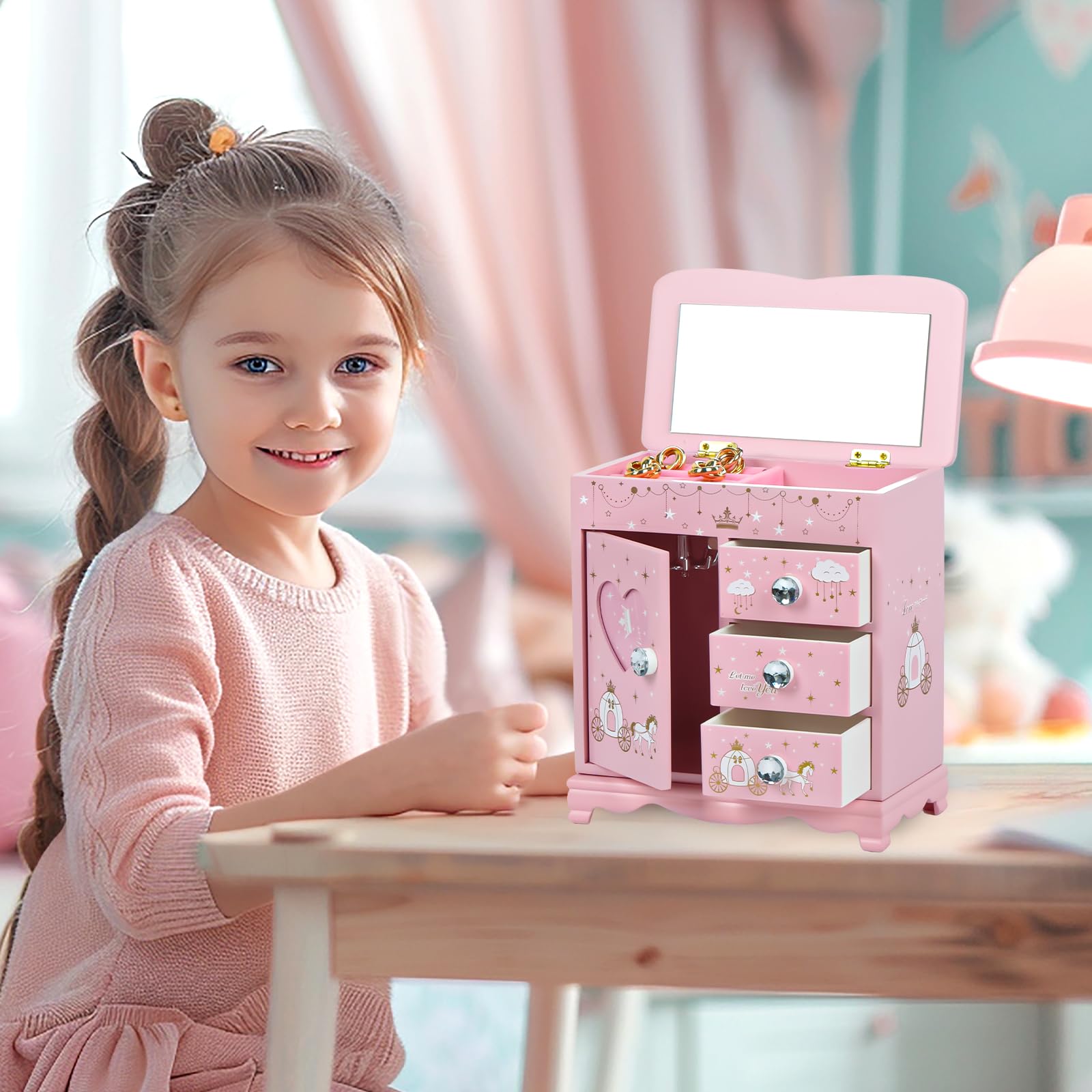 JIUYUAEZ Children jewelry box for girls Pink Princess Castle girls jewelry box Little girl birthday christmas Gift kids jewelry box, A pink3