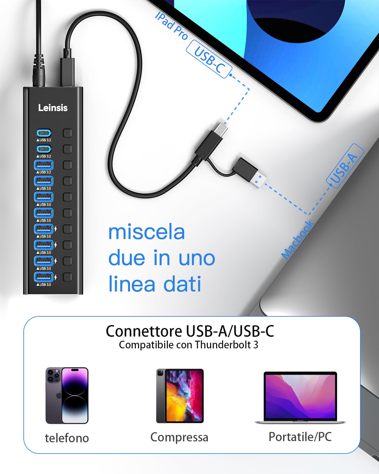 LEINSIS - Hub USB 3.2 a 10 porte USB 3.2/USB C Hub (10 Gbps USB-A 3.2 +2 USB-C 3.2 + 7 porte USB 3.0) con interruttori di accensione/spegnimento individuali e adattatore di alimentazione da 12 V, Hub