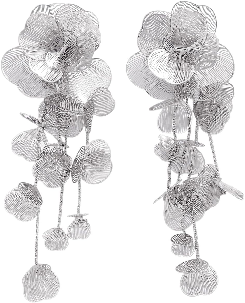 Gold Silver Filigree Floral Dangle Earrings for Women, Long Drop Statement Earrings for Vintage Wedding Jewelry