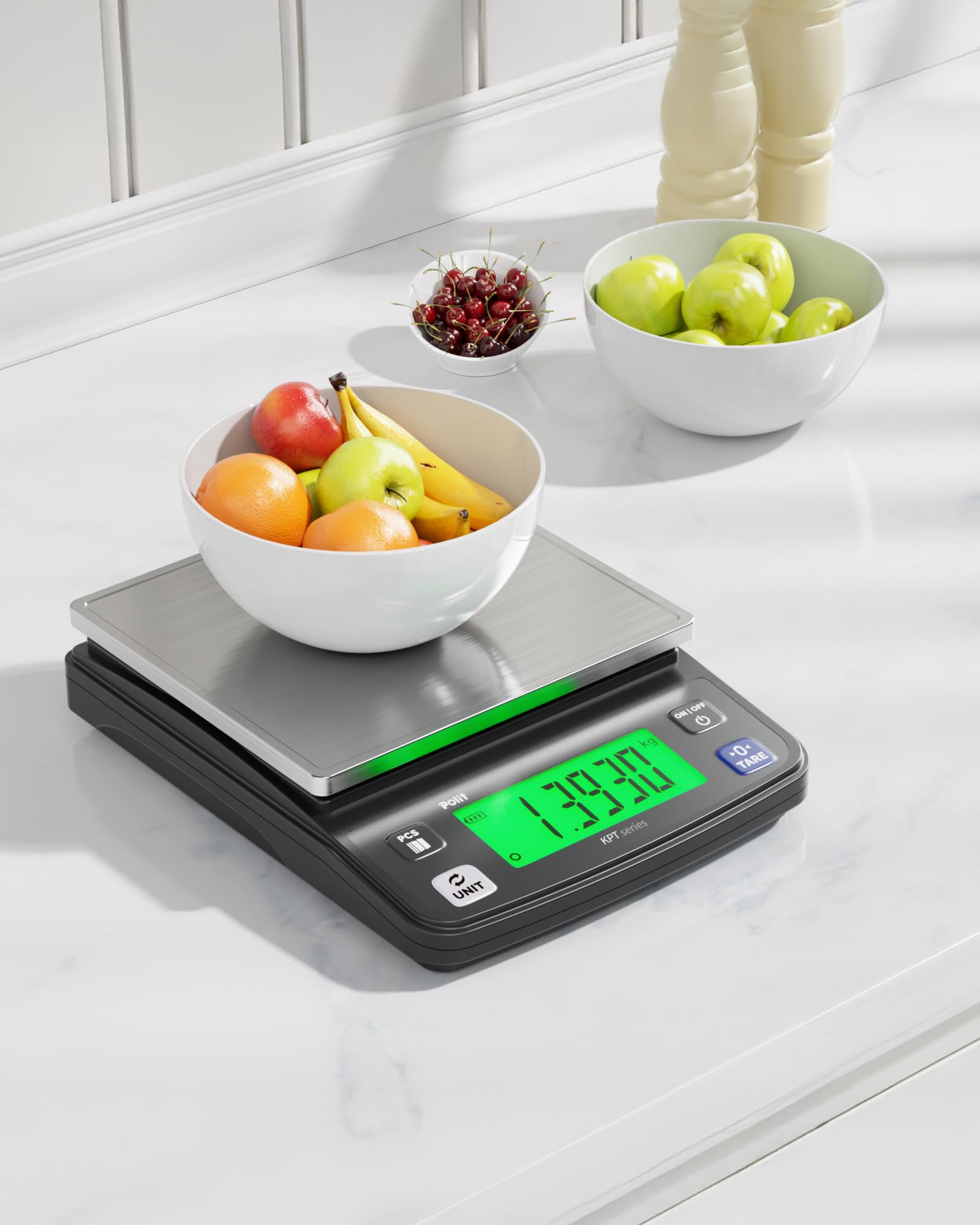 Polit KPT EVO, bilancia da cucina digitale, 6 kg, peso grammi, 0,5 g, precisione 0,5 g, in acciaio inox con display LCD, ricaricabile, funzione tara, 4 unità per cottura e cottura