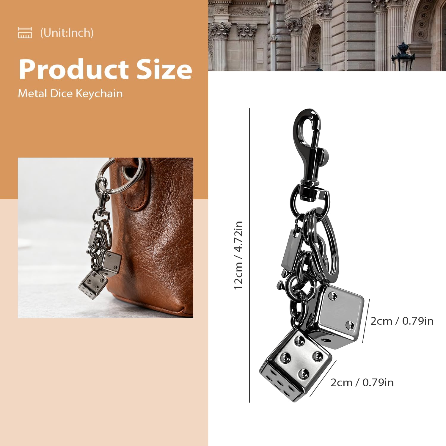 Dice Keychain for Purse, Metal Bag Charm Pendant for Women Men, Cool Gothic Accessory for Keyrings, Backpack, Wallet, Handbag - Image 2