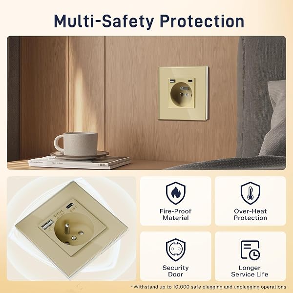 BSEED Prise Murale avec USB et 1 Type C,16A Prise de Courant Alternatif avec Panneau en Verre,Multiprise Murale Max 2.1A,Convient au Smartphone, à la Tablette (1 Prise avec USB et Type C,Or) - 4