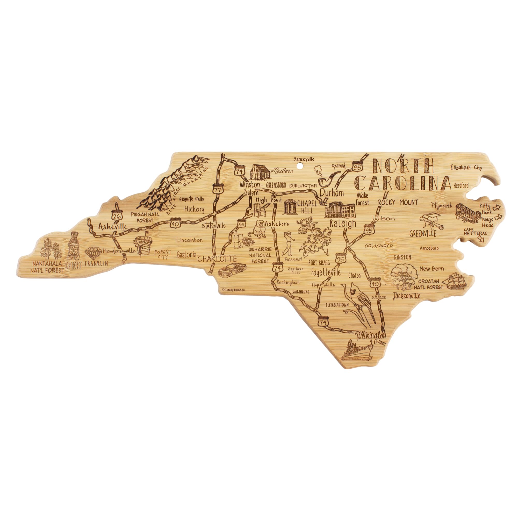Totally Bamboo Destination North Carolina Shaped Cutting Board – Bamboo Charcuterie and Serving Board with Hang Tie for Wall Display