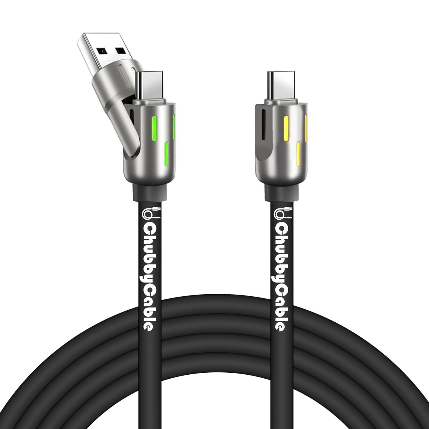 chubbycable OmniChubby - 240W 3-in-1 Ultimate with Dynamic Lights Multi USB C Cable Silicone Fast Charging Cord Compatible with iPhone 17-15 Series, 3.94FT, Black, Type-C+USB-A to Type C