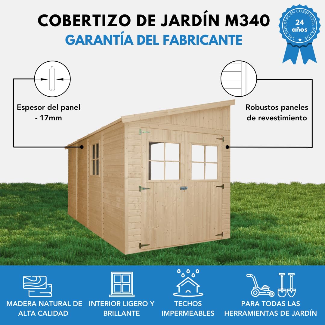 Cobertizo de Madera para jardín SIN Pared Lateral- con Suelo TRATADO – H243x216x416 cm/8 m2 Cobertizo de Madera Natural - Taller de Jardín - TIMBELA M340+M340G