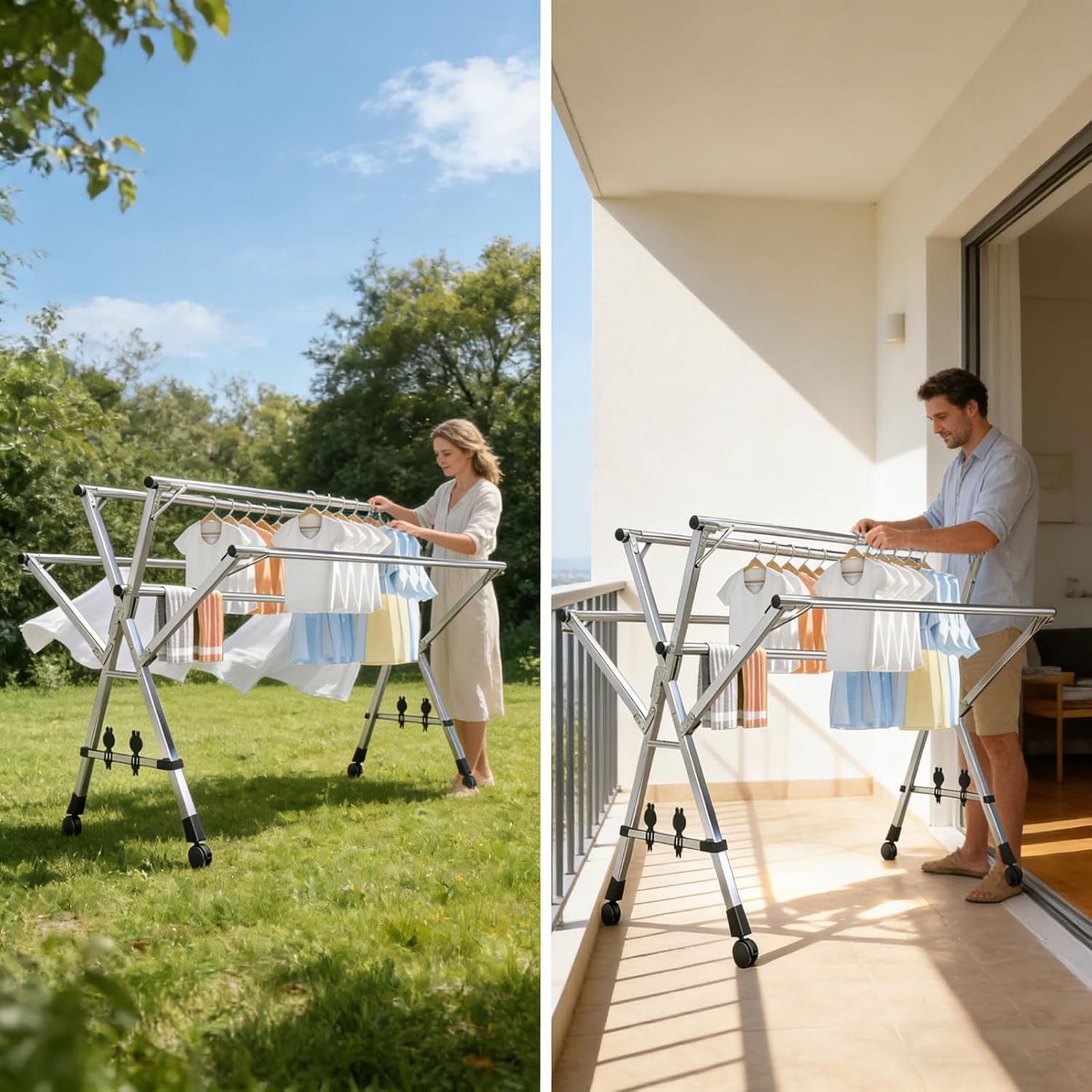 HUHJYUGE Heavy Duty Stainless Steel Clothes Drying Rack, 5 Poles Foldable Outdoor Laundry Rack with Wheels, Retractable Portable Garment Stand, No Installation Needed (160cm/63inch)