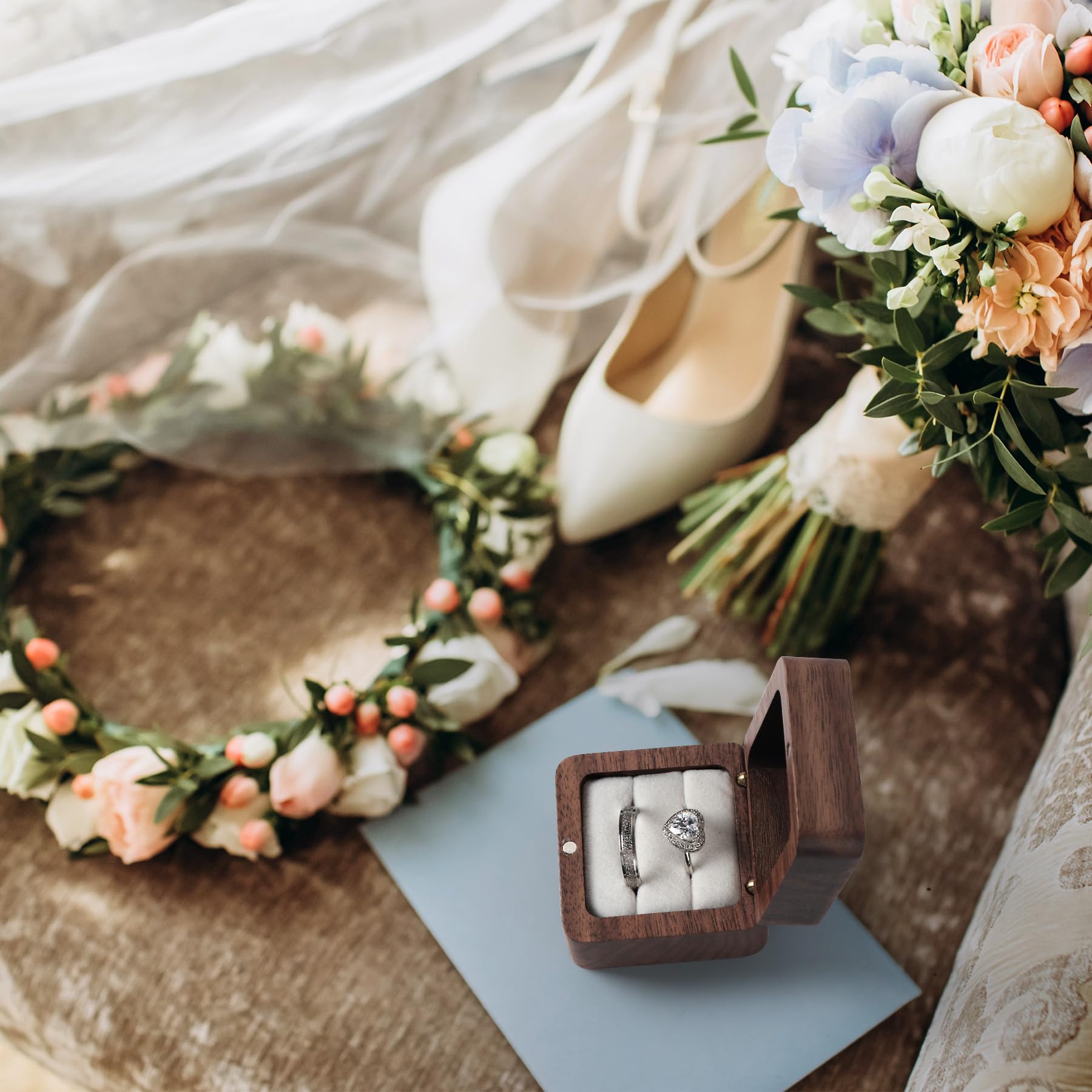 SLOZO Scatola per fedi nuziali in legno per 2 anelli, scatola per fedi nuziali per proposta, regalo per anello di fidanzamento per il giorno del matrimonio, scatola per anelli in legno fatta a mano,