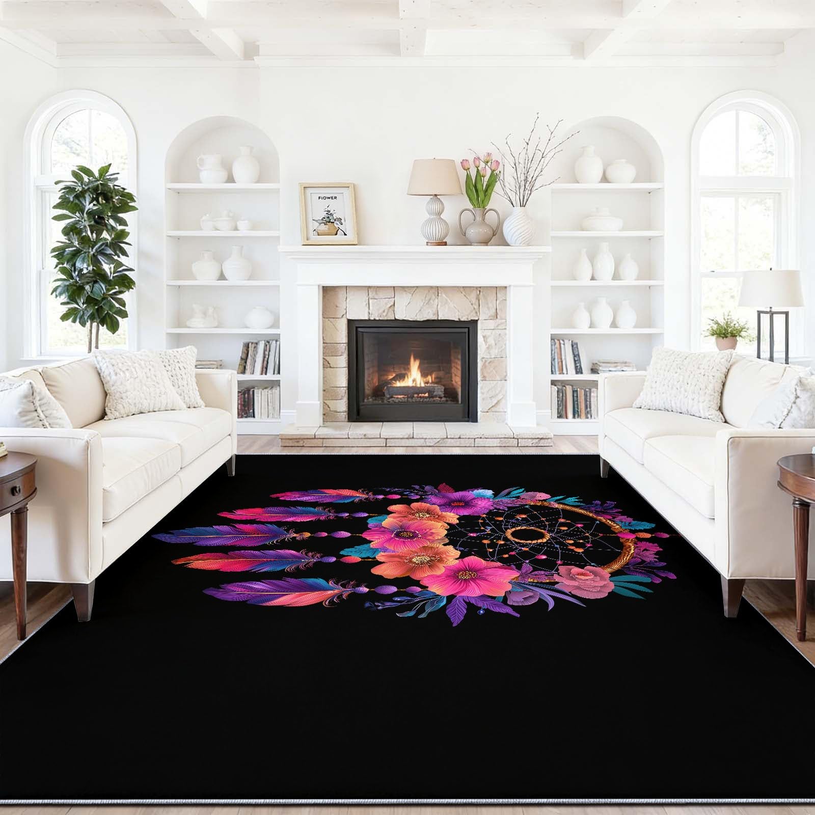Dywan w stylu etnicznym łapacz snów, pióra, kwiatowy dywan do sypialni, 160 x 230 cm, można prać w pralce, antypoślizgowy, wielokolorowy dywan do spokojnego akcentu sypialni, odporny na plamy dywan z